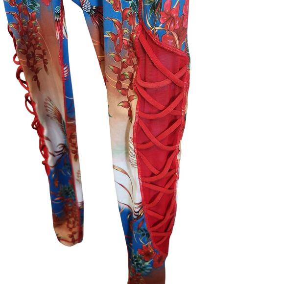 Iron Yokai Erin Sports Bra & Legging Matching Set Gym Floral Bird Red Medium - Picture 6 of 10